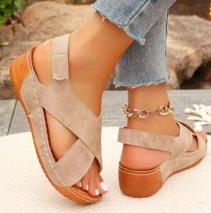 Women Platform Wedge Sandals Cross Strap Open Toe Roman Shoes Tan Size 40 US 9